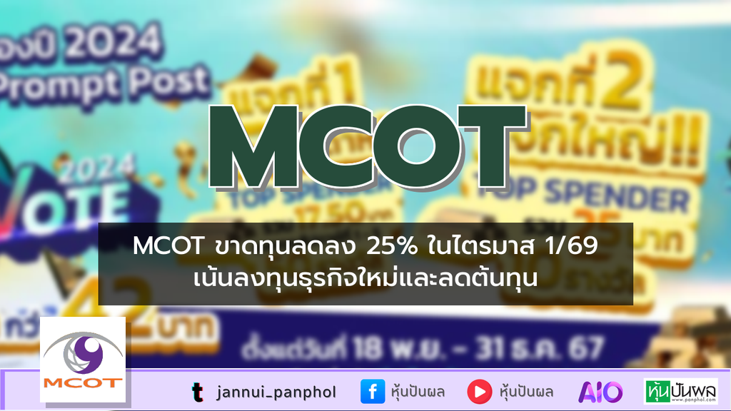 MCOT ขาดทุนลดลง 25% ในไตรมาส 1/69 เน้นลงทุนธุรกิจใหม่และลดต้นทุน