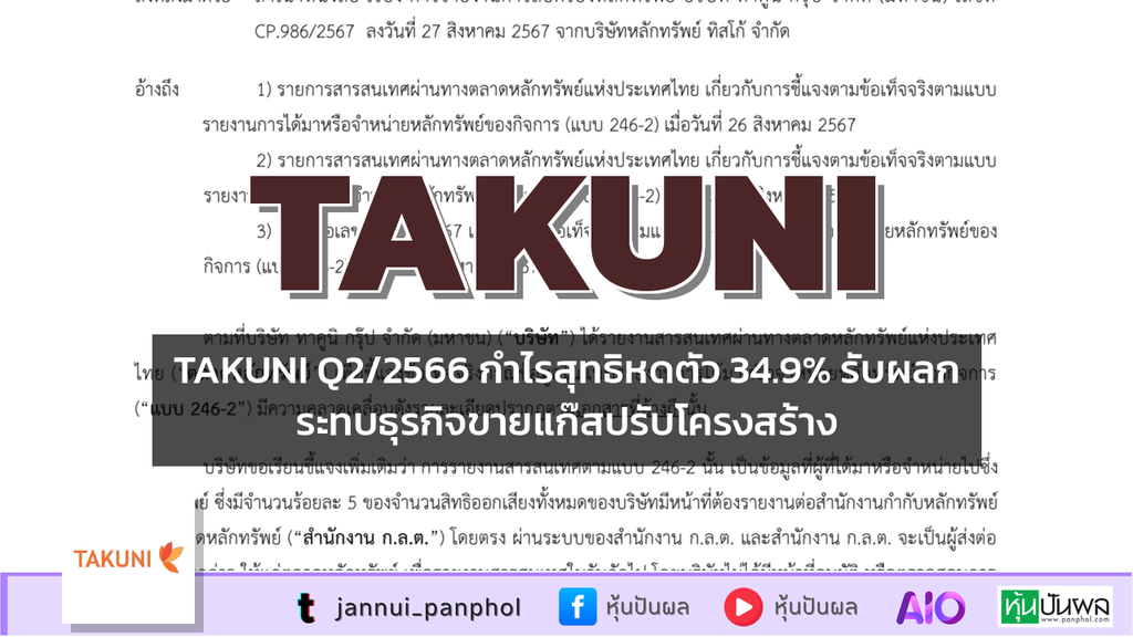 TAKUNI Q2/2566 กำไรสุทธิหดตัว 34.9% รับผลกระทบธุรกิจขายแก๊สปรับโครงสร้าง