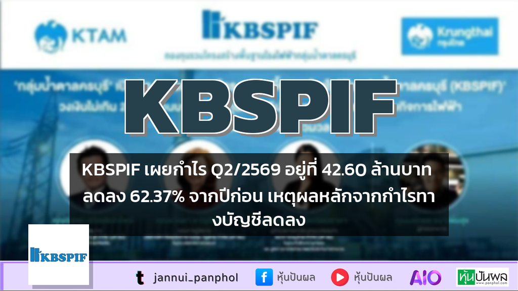 KBSPIF เผยกำไร Q2/2569 อยู่ที่ 42.60 ล้านบาท ลดลง 62.37% จากปีก่อน เหตุผลหลักจากกำไรทางบัญชีลดลง