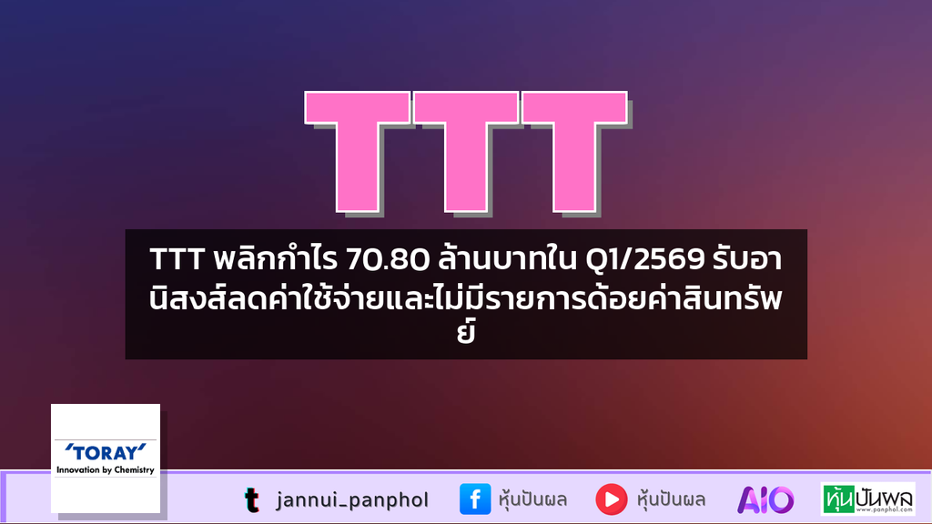 TTT พลิกกำไร 70.80 ล้านบาทใน Q1/2569 รับอานิสงส์ลดค่าใช้จ่ายและไม่มีรายการด้อยค่าสินทรัพย์