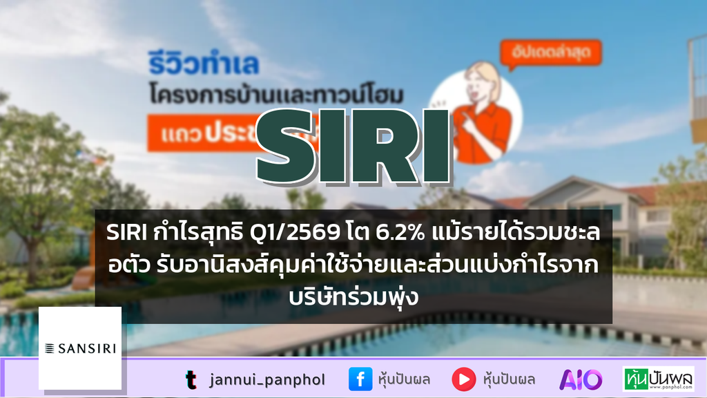 SIRI กำไรสุทธิ Q1/2569 โต 6.2% แม้รายได้รวมชะลอตัว รับอานิสงส์คุมค่าใช้จ่ายและส่วนแบ่งกำไรจากบริษัทร่วมพุ่ง